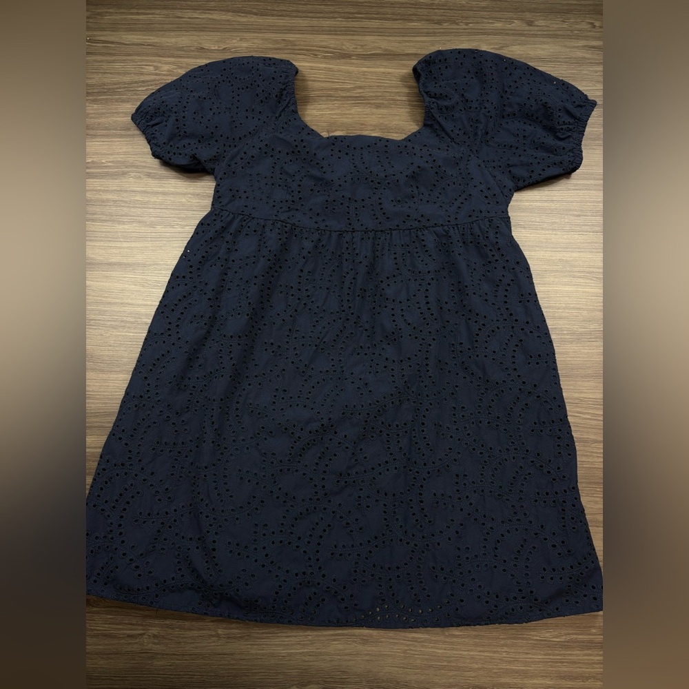 Time and Tru Women's Eyelet Dress with Puff Sleeves, Size XL Navy - Picture 3 of 11